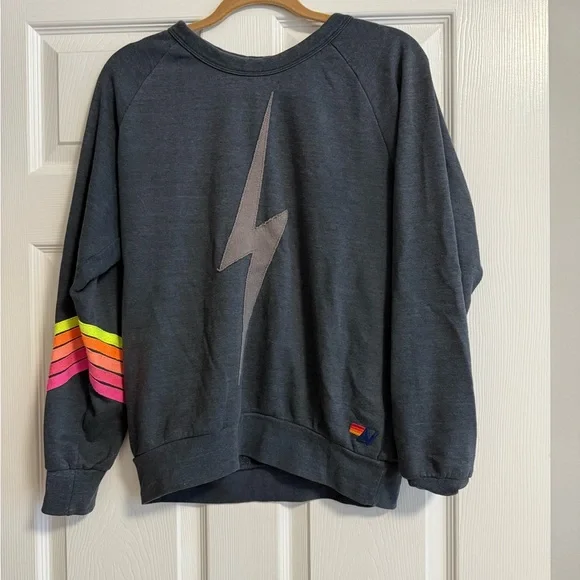 Aviator Nation Bolt Stitch Neon Chevron 5 Stripes Crewneck in Charcoal Size Sm - Picture 3 of 5